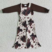 Load image into Gallery viewer, Brown cotton shirt cow print overalls girls clothing