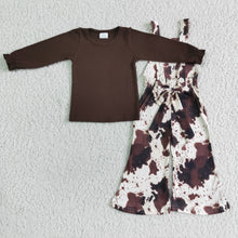 Load image into Gallery viewer, Brown cotton shirt cow print overalls girls clothing