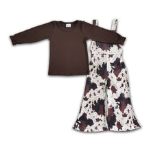 Load image into Gallery viewer, Brown cotton shirt cow print overalls girls clothing