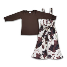 Load image into Gallery viewer, Brown cotton shirt cow print overalls girls clothing