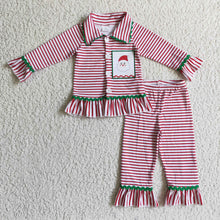 Load image into Gallery viewer, Santa embroidery cotton stripe girls Christmas pjs