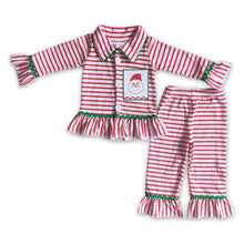 Load image into Gallery viewer, Santa embroidery cotton stripe girls Christmas pjs