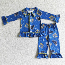 Load image into Gallery viewer, Blue train long sleeve ruffle girl pajamas
