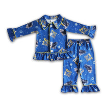 Load image into Gallery viewer, Blue train long sleeve ruffle girl pajamas