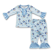 Load image into Gallery viewer, Blue dog ruffle long sleeve girls pajamas