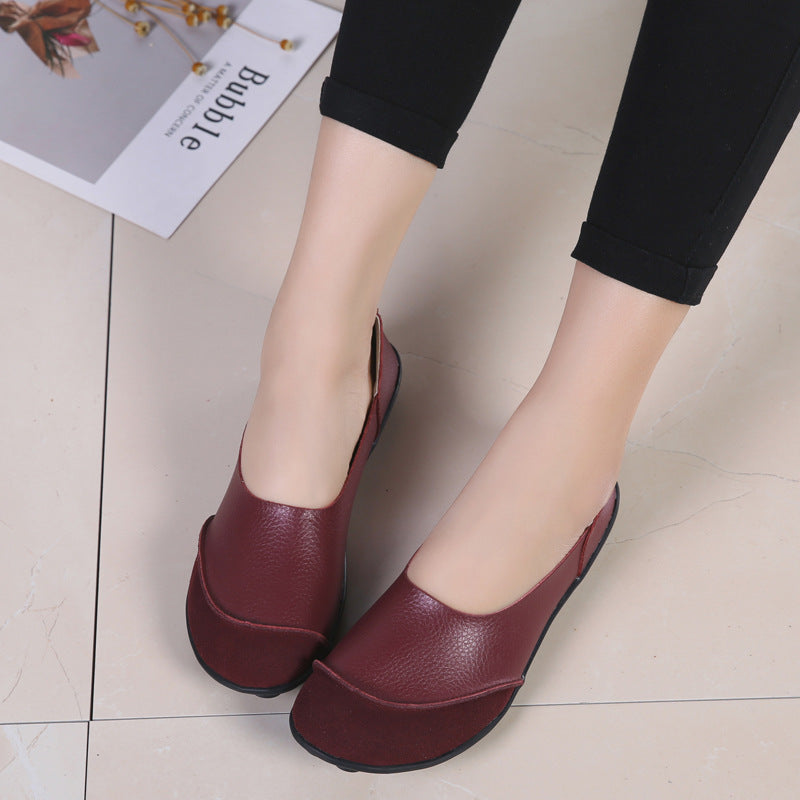 Women's Korean Casual Slip-On Loafers | Low Heel Round Toe Leather Shoes