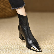 Load image into Gallery viewer, Pointed-Toe Chunky-Heel Leather Ankle Boots