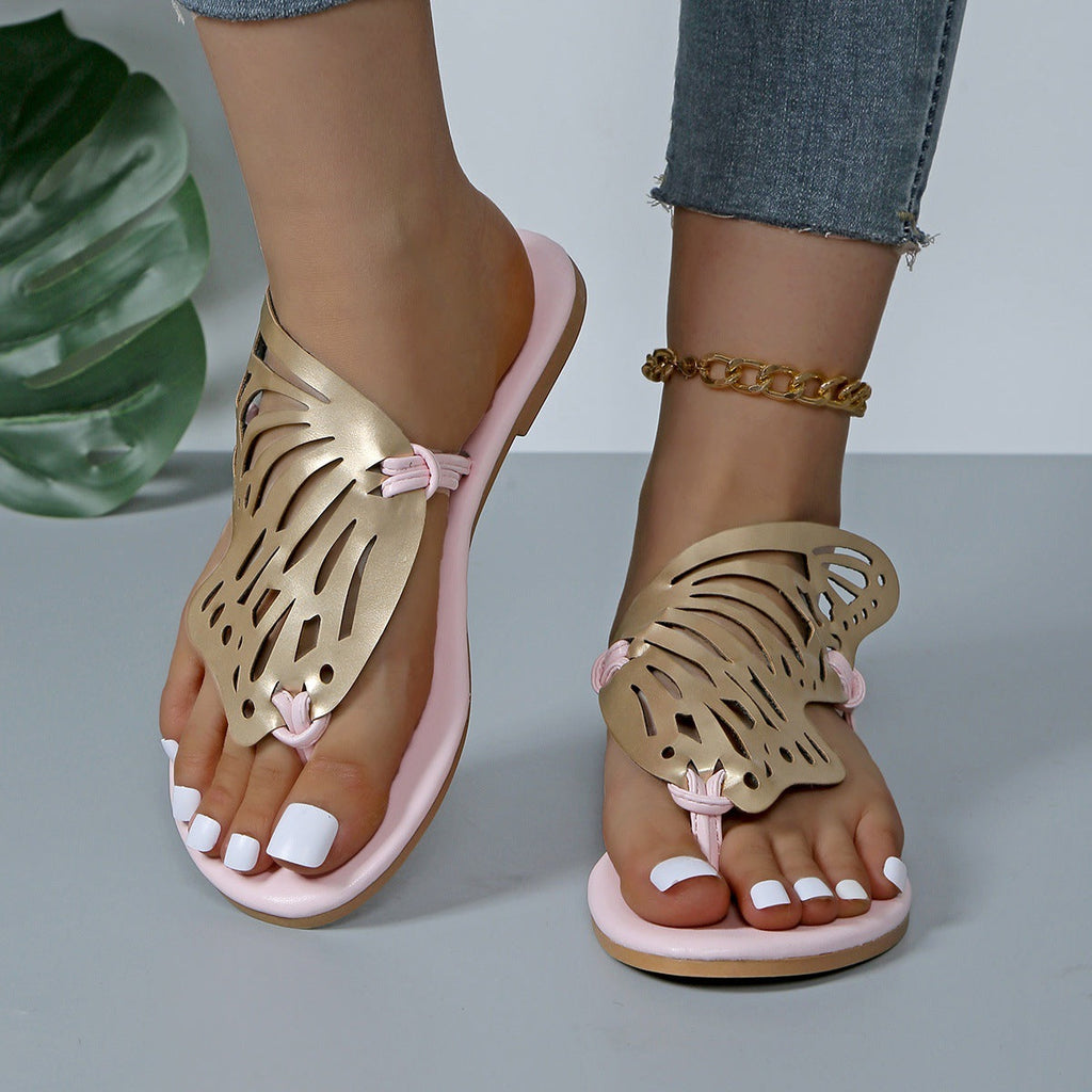 Women's Butterfly Cutout Flat Sandals | PU Open-Toe Slide Slippers