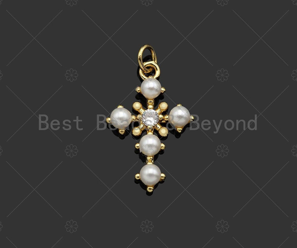 Gold Filled CZ Micro Pave Pearl On Cross Shape Pendant, 18k Gold Filled Mother of Pearl Charm, Necklace Bracelet Pendant, 23x15mm,Sku#LD103