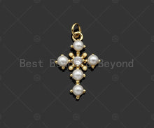 Load image into Gallery viewer, Gold Filled CZ Micro Pave Pearl On Cross Shape Pendant, 18k Gold Filled Mother of Pearl Charm, Necklace Bracelet Pendant, 23x15mm,Sku#LD103