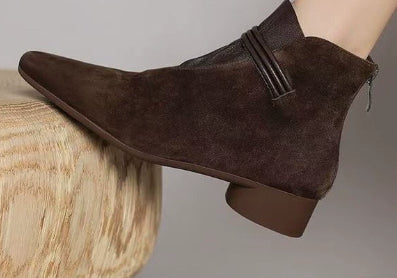 Women's Retro Suede Chunky Heel Ankle Boots – Pointed Toe Slip-On