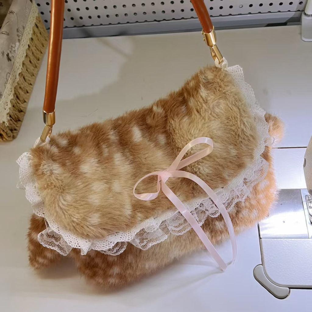 Women's Plush Bow-Tie Tote Underarm Bag – Fluffy Fawn Crossbody Handbag