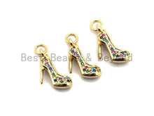 Load image into Gallery viewer, CZ Colorful Micro Pave High-heel Shoes Pendant, High-heel Shoe Pave Pendant, Gold plated, 16x6mm, Sku#F829