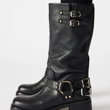 Load image into Gallery viewer, Women's Round Toe Buckle High-Top Boots – Chunky Heel Mid-Calf PU Leather Boots