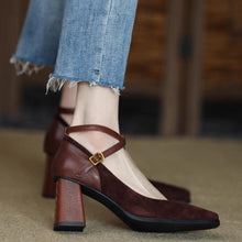 Load image into Gallery viewer, Women's Retro Chunky Heel Suede Pumps | Square Toe High Heels | Brown &amp; Black