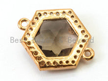 Load image into Gallery viewer, Hexagon Bezel Connector with Faceted Glass, Gold Plated CZ Micro Pave Frame Connector, Black/Green/Purple/Smoke, 14x18mm, sku#A78
