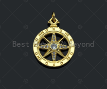 Load image into Gallery viewer, CZ Micro Pave Compass Star On Round Coin Pendant/Charm, Compass Star Cubic Zirconia Charm,Necklace Bracelet Charm Pendant,18x27mm,sku#L434