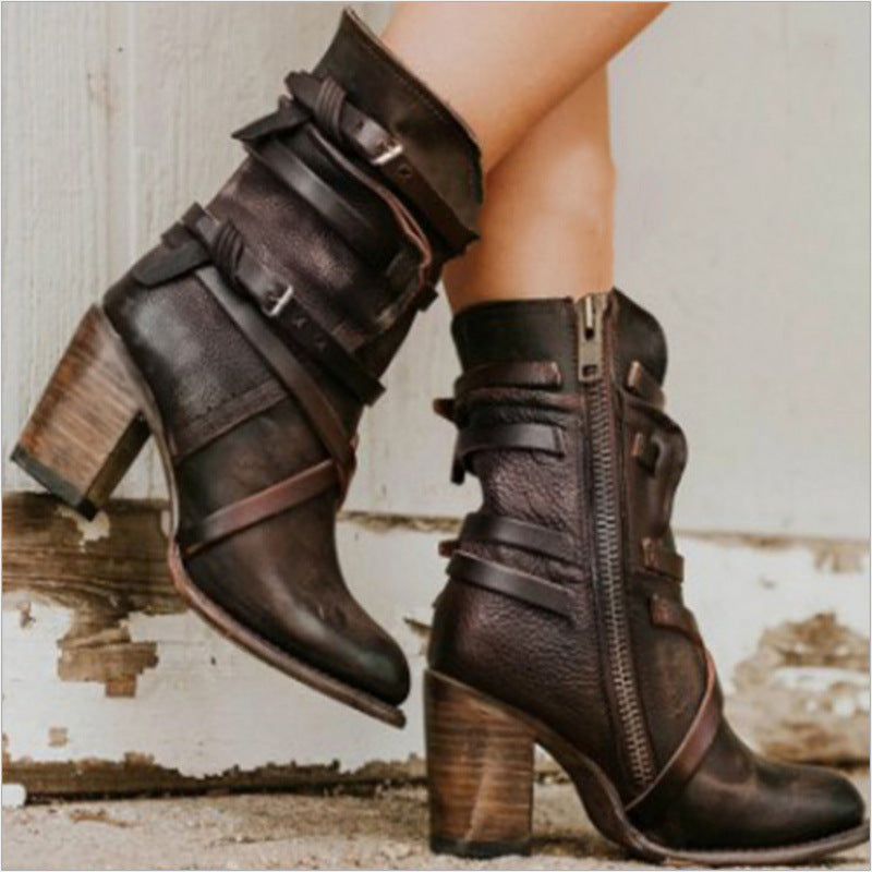 Women's Retro Chunky Heel Ankle Boots – Side Zipper & Buckle Detail