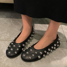 Load image into Gallery viewer, Women's Black Studded Ballet Flat Shoes – PU Leather Casual Flats with Metal Stud Detail