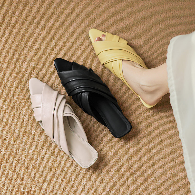 Women's Ruched Lambskin Slide Sandals | Square-Toe Handmade Leather Flat Mules