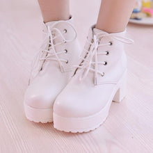 Load image into Gallery viewer, Women's Chunky Heel Lace-Up Ankle Boots | Round Toe | White &amp; Black