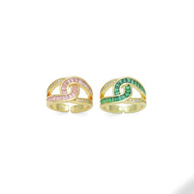 Load image into Gallery viewer, Pink Green Clear Baguette CZ Cross Link Adjustable Ring, Sku#LD653