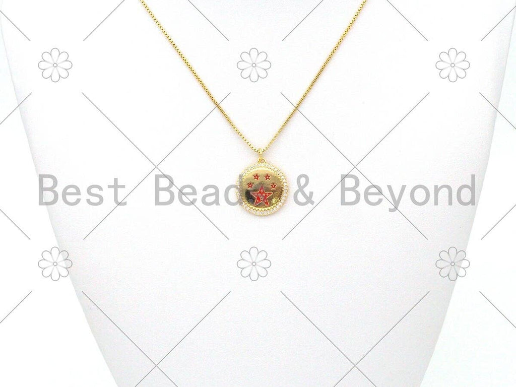Colorful Enamel Five Point Star On Round Coin Pendant,18K Gold Filled CZ Micro Pave Medallion Charm,Enamel Star Jewelry,20x23mm,Sku#LK395