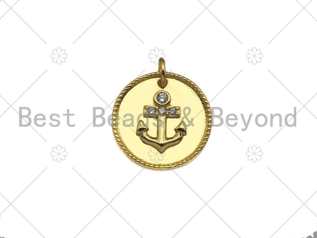 Gold Filled CZ Micro Pave Boat Anchor On Round Coin Shape Pendant, 18K Gold Filled Medallion  Charm, Necklace Bracelet Charm,16mm,Sku#LK340