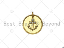 Load image into Gallery viewer, Gold Filled CZ Micro Pave Boat Anchor On Round Coin Shape Pendant, 18K Gold Filled Medallion  Charm, Necklace Bracelet Charm,16mm,Sku#LK340