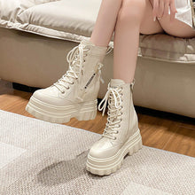 Load image into Gallery viewer, Women's High-Top Ankle Boots | Chunky Heel Side Zipper Lace-Up | Non-Slip Rubber Sole | Black &amp; Beige