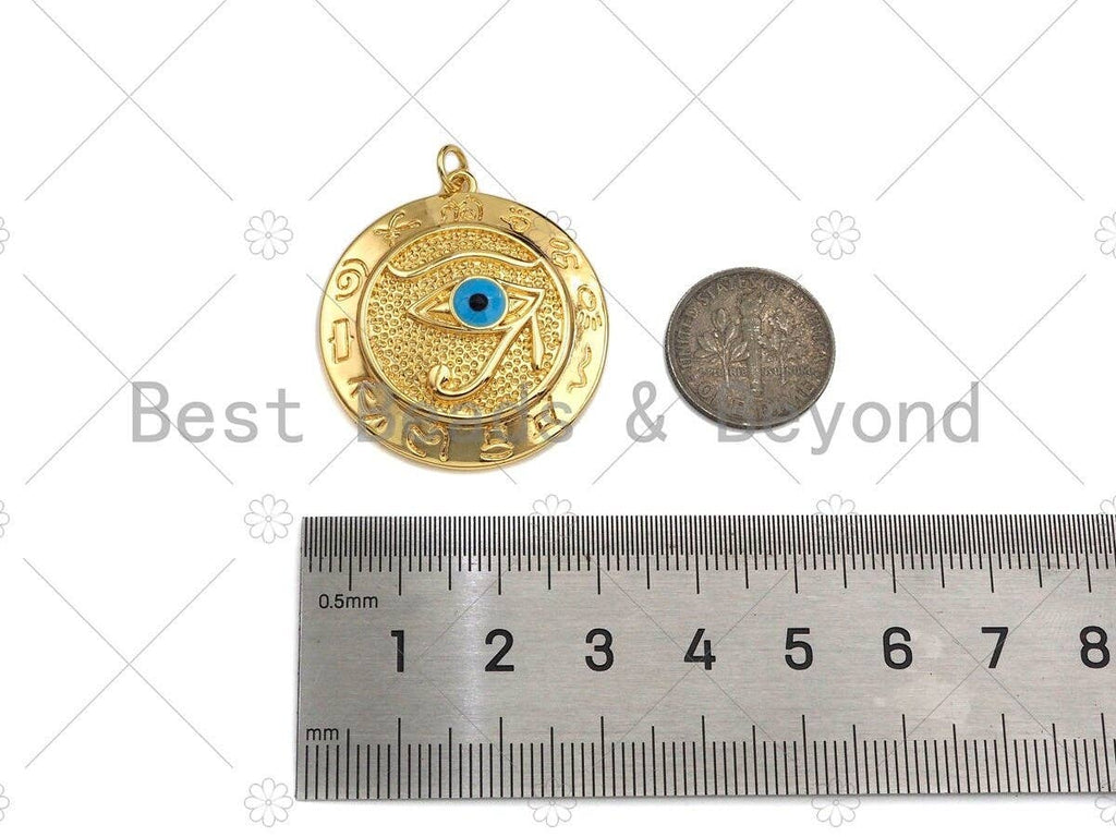 CZ Micro Pave Turquoise Blue Evil Eye On Round Coin Pendant,Cubic Zirconia Medallion Charm, Necklace Bracelet Pendant,30x33mm, Sku#L428