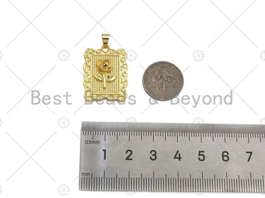18K Dainty Gold Rose Flower Rectangle Charm, sku#LK231
