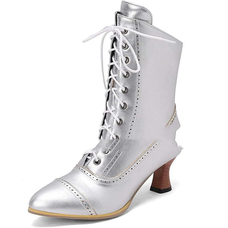 Women's Vintage Renaissance Lace-Up Ankle Boots - Low Heel Booties with Side Zipper