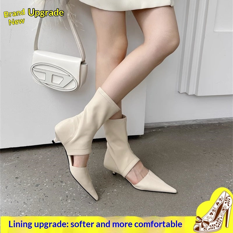 Women's French-Style Pointed-Toe Stiletto Boots - Mid-Calf Hollow-Out Design Stretchy PU Leather