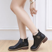 Load image into Gallery viewer, Women's Low Heel Buckle Ankle Boots – PU Leather Side Zipper Round Toe Winter Boots