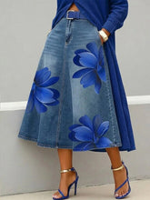 Load image into Gallery viewer, Women's Floral Print A-Line Midi Skirt – Denim-Style Boho Skirt