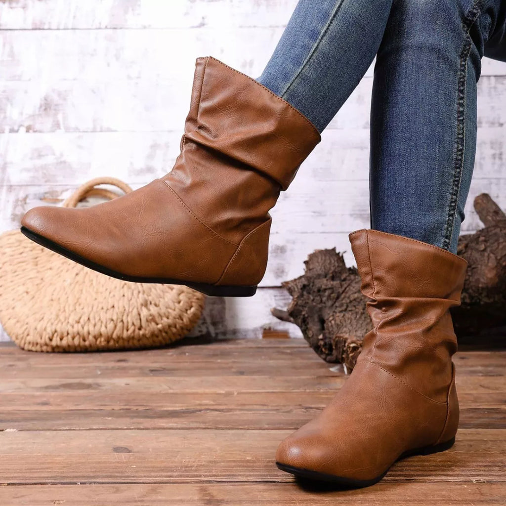 Women's Flat Ankle Boots – Wrinkled PU Leather Side Zipper | Black & Brown