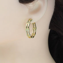 Load image into Gallery viewer, Gold Silver CZ Rectangle Bamboo Link Hoop Earrings, Sku#A129