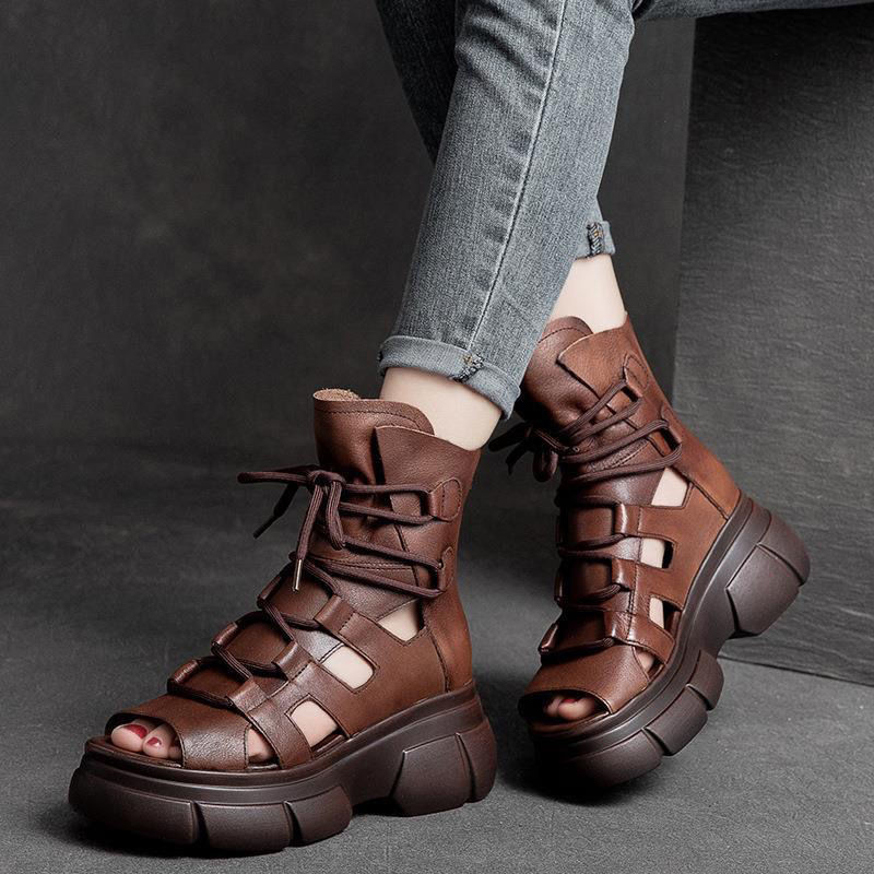 Women's Roman Gladiator Sandal Boots | Open Toe Buckle Hollowed-Out Design | Black Brown
