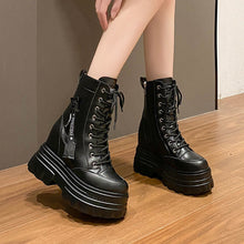 Load image into Gallery viewer, Women's High-Top Ankle Boots | Chunky Heel Side Zipper Lace-Up | Non-Slip Rubber Sole | Black &amp; Beige