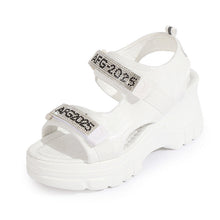 Load image into Gallery viewer, Women's Rhinestone Lettered Wedge Heel Sandals – Velcro Casual Platform Sandals in White &amp; Black