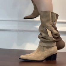 Load image into Gallery viewer, Women's Khaki Suede Pointed-Toe Chunky Heel Boots - Side Zipper High-Top Ankle Boots
