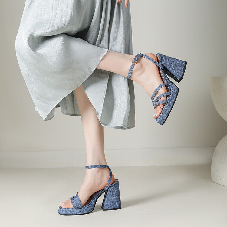 Women's Denim Strap Chunky Heel Sandals | Round Toe Block Heel | Light Blue, Dark Blue & Gray