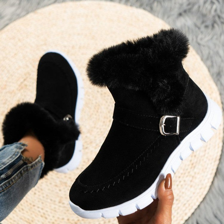 Women's Winter Snow Boots - Warm Plush Ankle Boots with Buckle Design