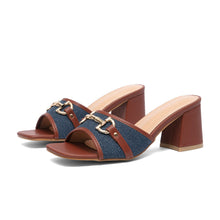 Load image into Gallery viewer, Women's Chunky Heel Square-Toe Slip-On Sandals | PU Upper Brown Platform