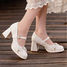 Load image into Gallery viewer, Women's Lace Mary Jane Platform Heels | Pearl Buckle Bridal Shoes