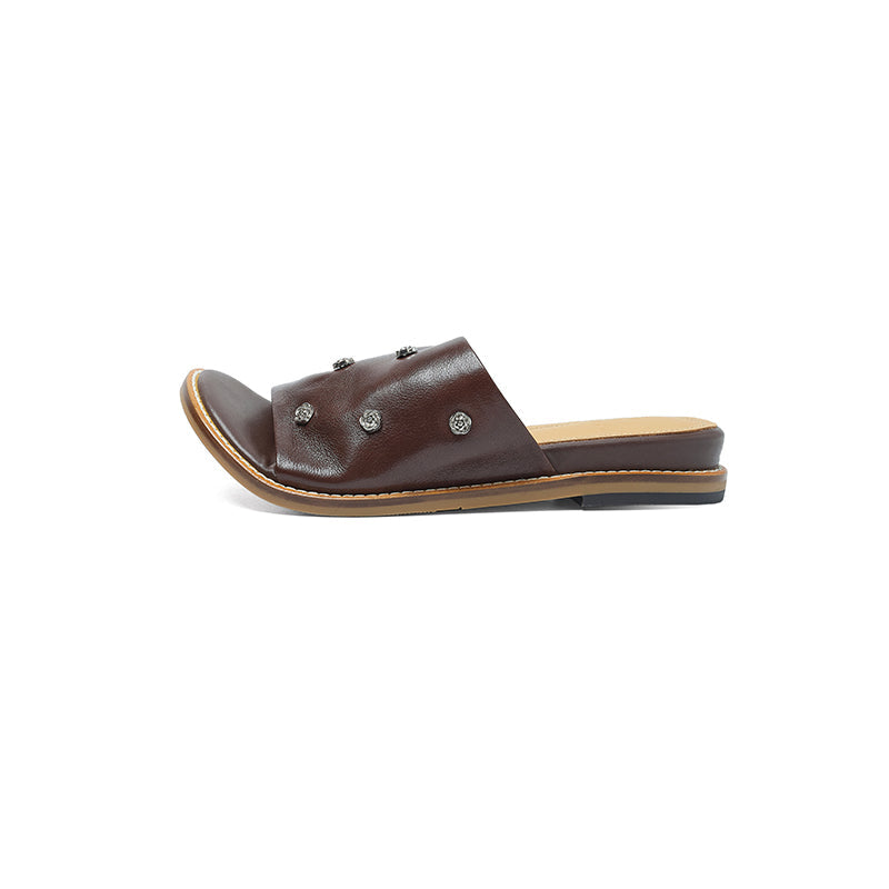 Women's Studded Leather Slide Sandals | Open Toe Flat Mules