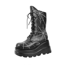 Load image into Gallery viewer, Women's Wedge-Heel Spiderweb Mid-Calf Boots | Plus Size | PU Leather | Side Zipper