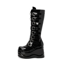 Load image into Gallery viewer, Women's Round-Toe Chunky Heel Back-Zip Ultra High Heel Boots | Black PU &amp; Patent Leather