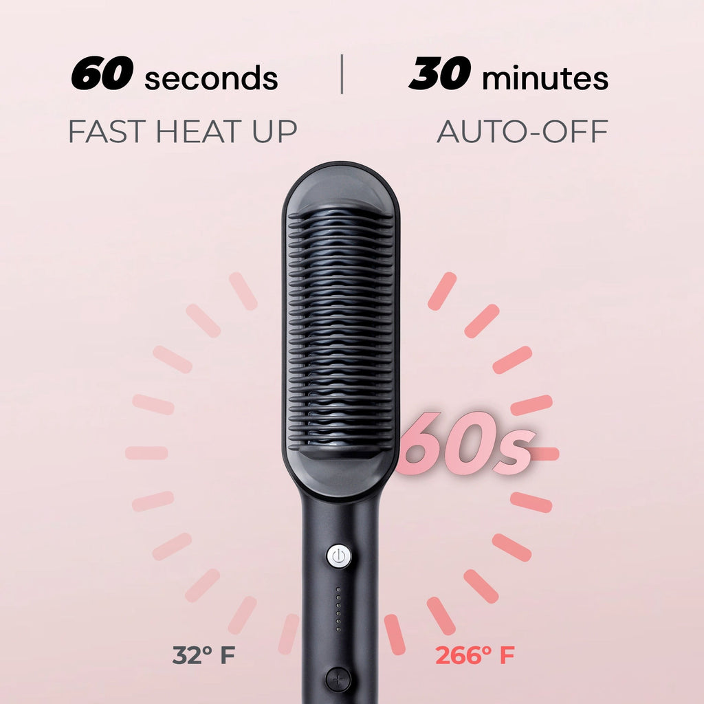 TYMO RING Hair Straightener Brush, Anti-Scald Ceramic Heated Straightening Flat Iron Comb, Frizz Control & Smooth Shine, Dual Voltage, Black, with Travel Bag